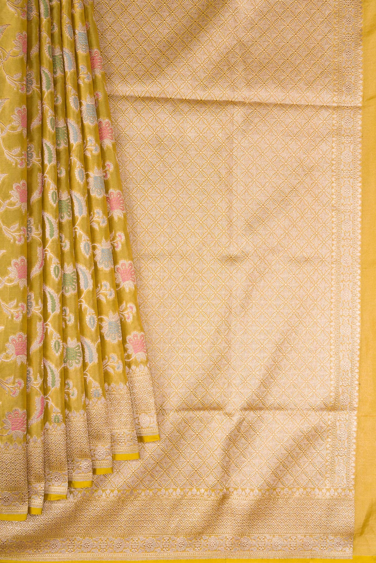 Pleats and pallu of Mehandi Green Dual Tone Banarasi Silk Saree with Zari Brocade on the body and Fancy Border. 