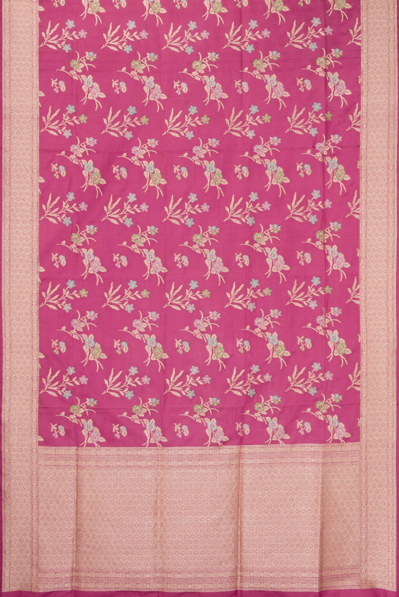 Flat view of Light Magenta Banarasi Silk Saree with Zari Brocade on the body and Fancy Border. 