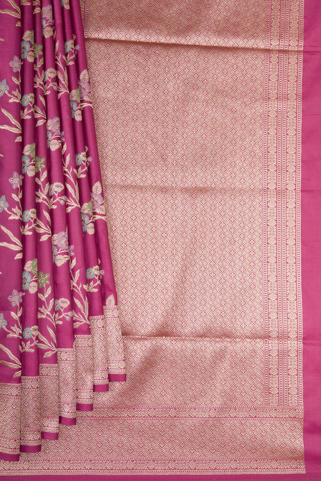 Pleats and pallu of Light Magenta Banarasi Silk Saree with Zari Brocade on the body and Fancy Border. 