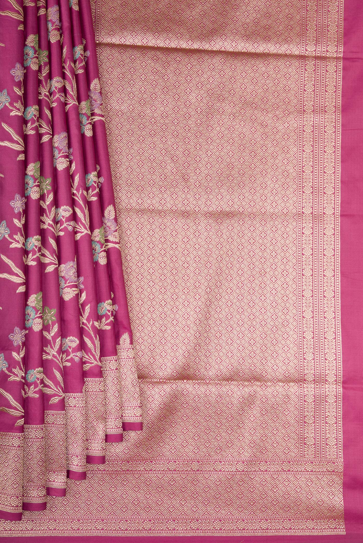 Pleats and pallu of Light Magenta Banarasi Silk Saree with Zari Brocade on the body and Fancy Border. 