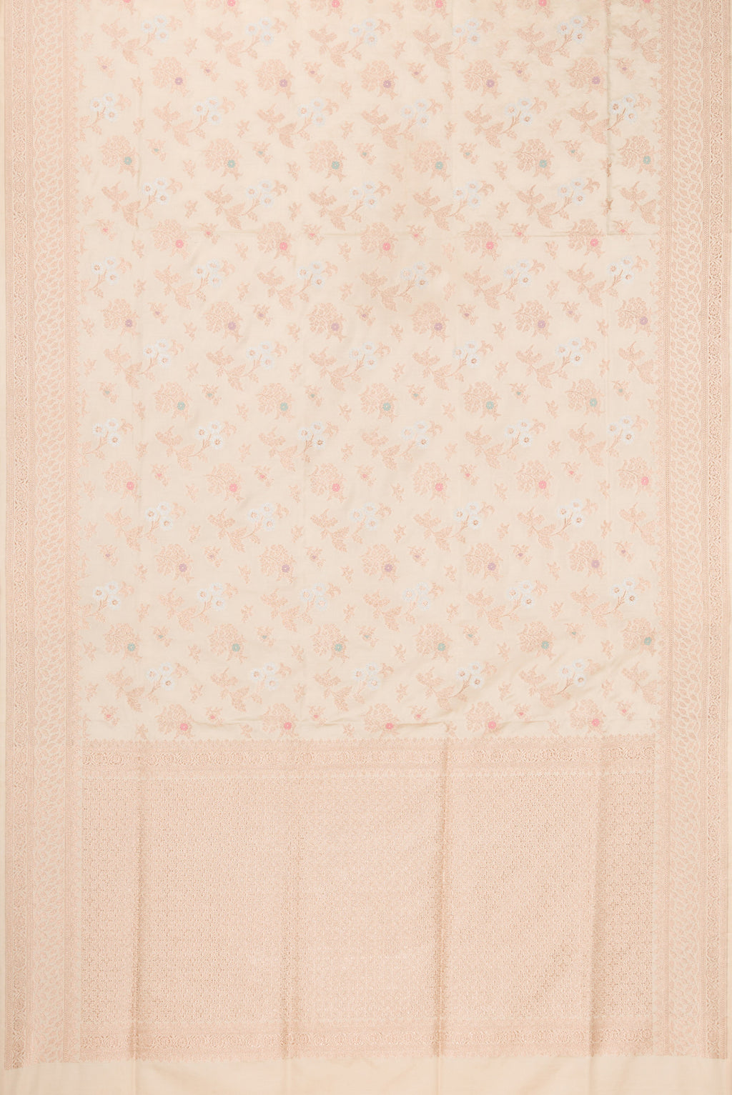 Flat view of Beige Dual Tone Banarasi Silk Saree with Zari Brocade on the body and Fancy Border. 
