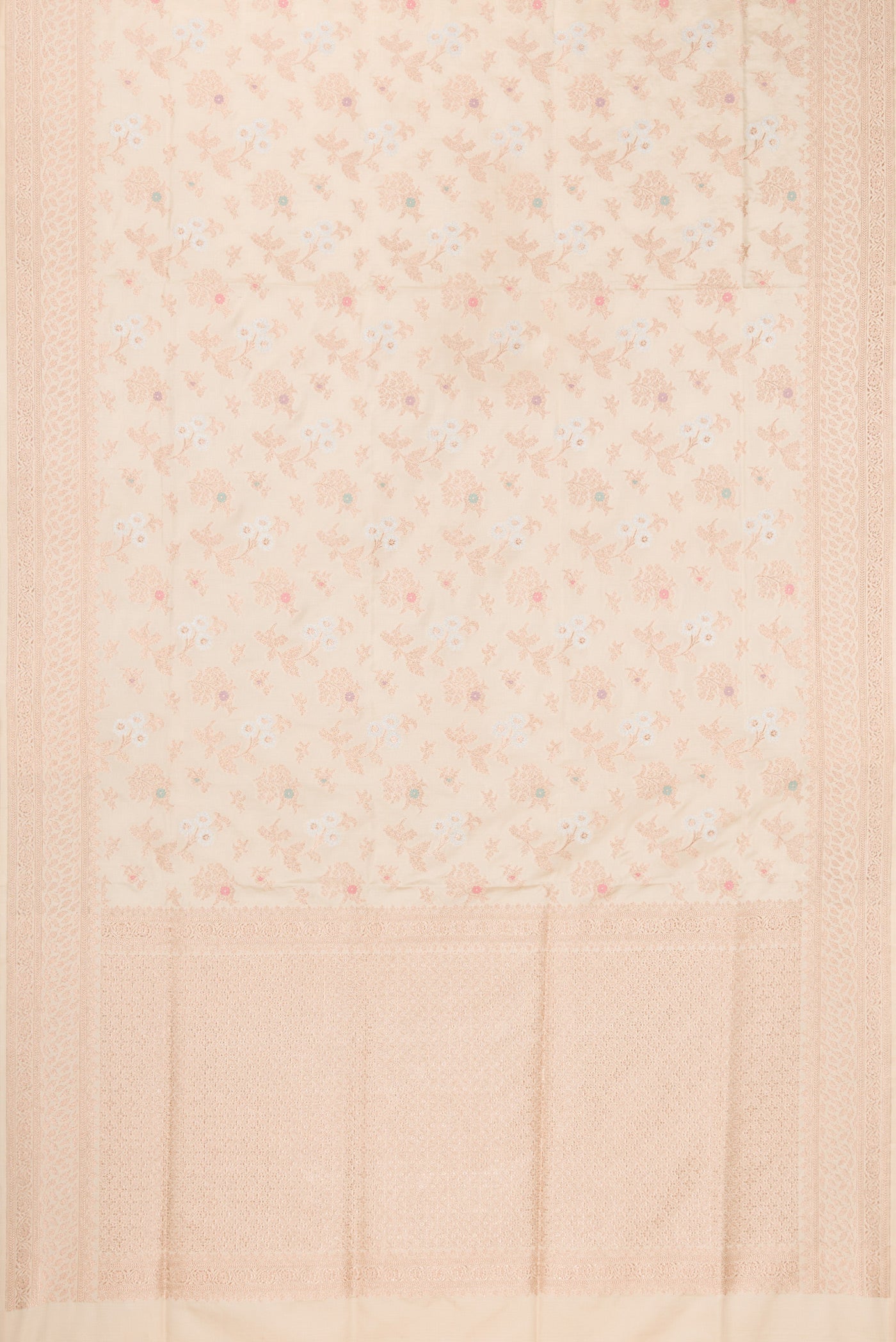 Flat view of Beige Dual Tone Banarasi Silk Saree with Zari Brocade on the body and Fancy Border. 