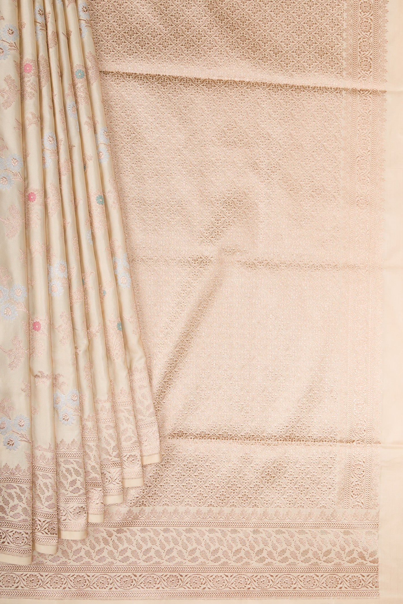 Pleats and pallu of Beige Dual Tone Banarasi Silk Saree with Zari Brocade on the body and Fancy Border. 