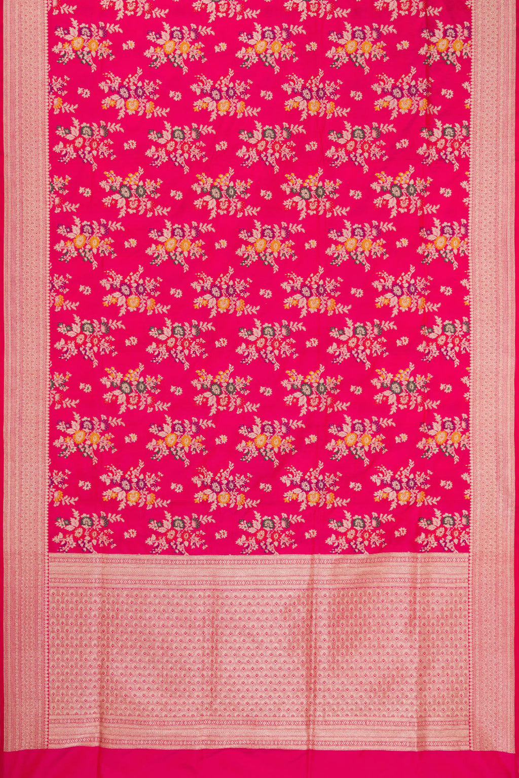 Flat view of Dark Pink Banarasi Silk Saree with Zari Brocade on the body and Zari Border. 