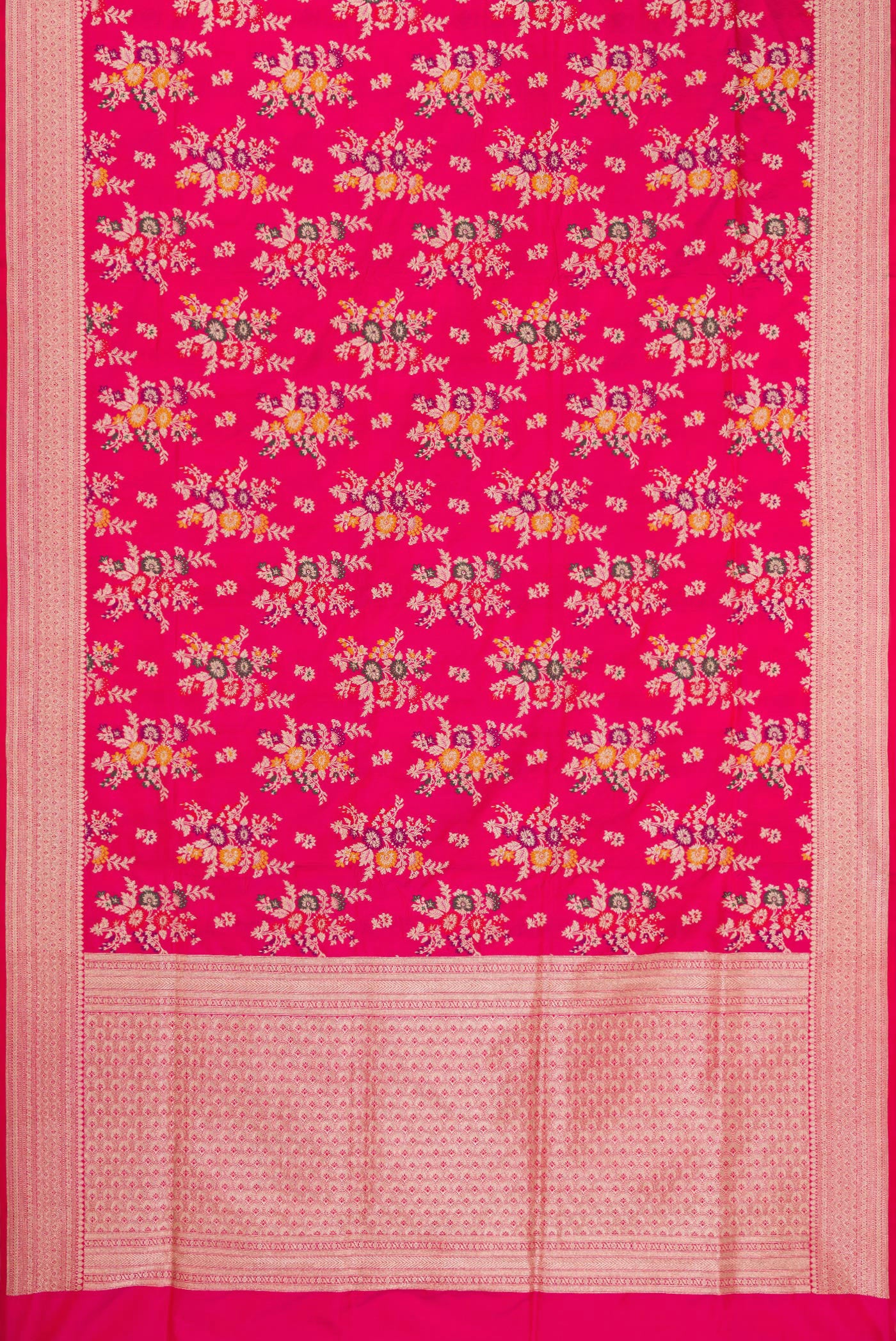 Flat view of Dark Pink Banarasi Silk Saree with Zari Brocade on the body and Zari Border. 