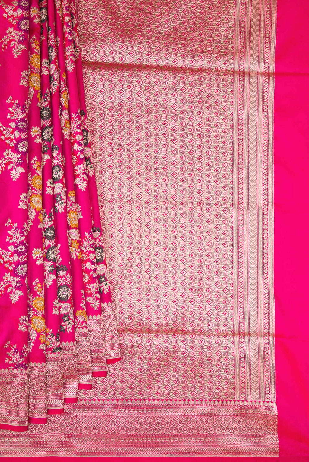 Pleats and pallu of Dark Pink Banarasi Silk Saree with Zari Brocade on the body and Zari Border. 