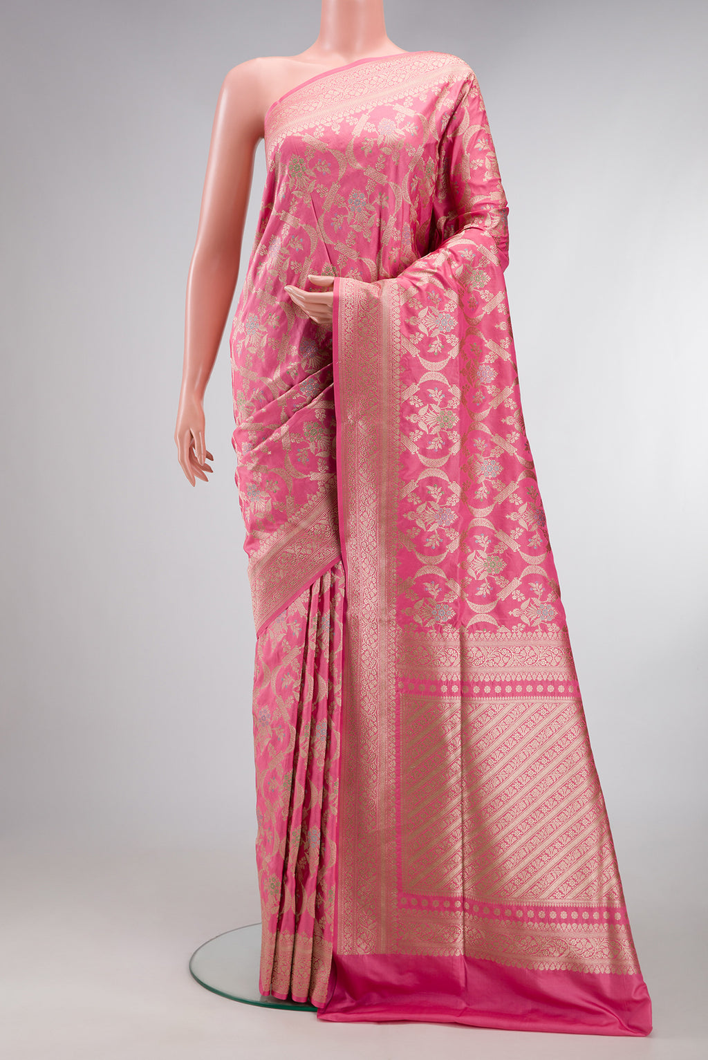 Pink Dual Tone Banarasi Silk Saree with Zari Brocade on the body and Zari Border.  displayed on a mannequin