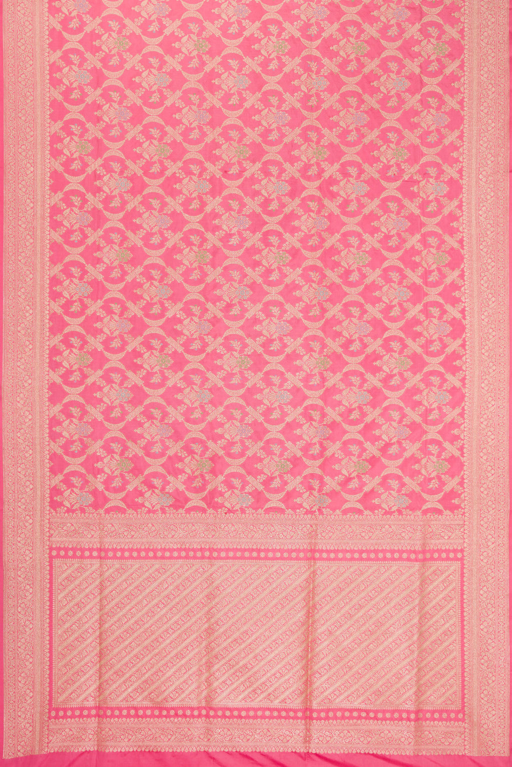 Flat view of Pink Dual Tone Banarasi Silk Saree with Zari Brocade on the body and Zari Border. 