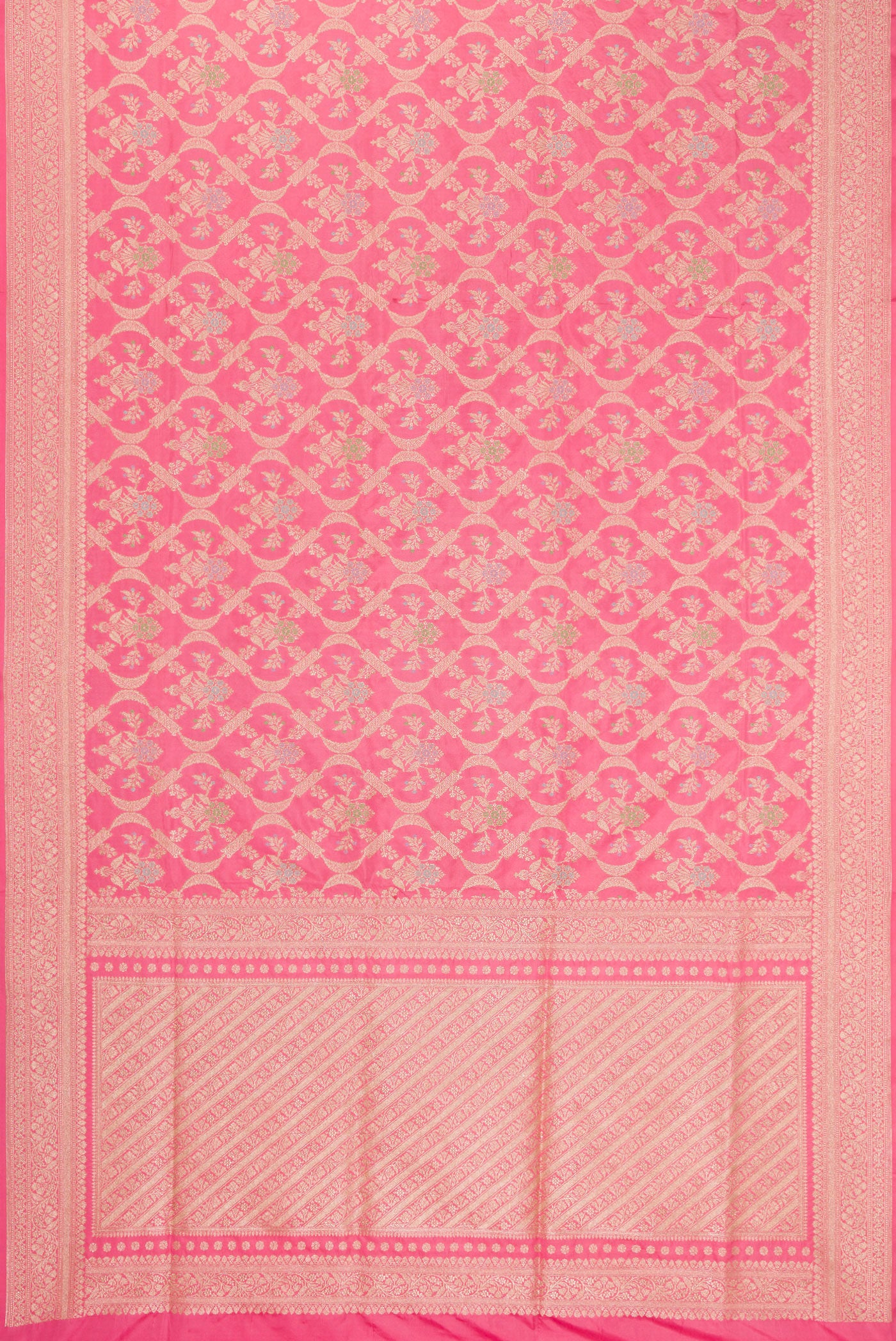 Flat view of Pink Dual Tone Banarasi Silk Saree with Zari Brocade on the body and Zari Border. 