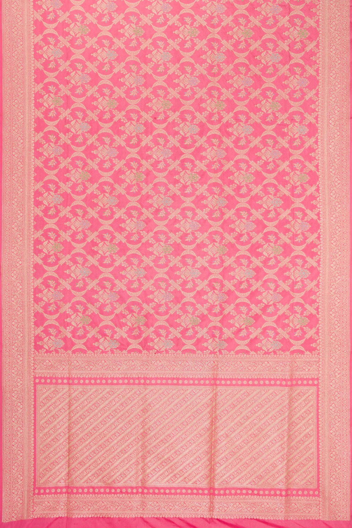 Flat view of Pink Dual Tone Banarasi Silk Saree with Zari Brocade on the body and Zari Border. 
