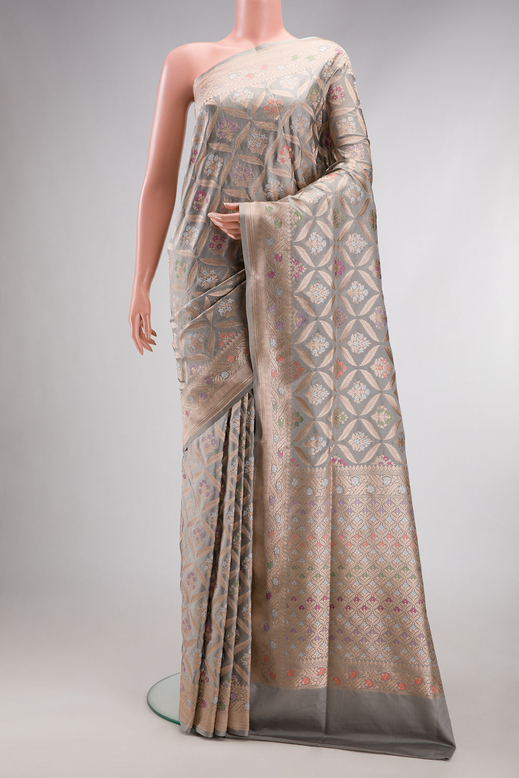 Grey Dual Tone Banarasi Silk Saree with Zari Brocade on the body and Fancy Border.  displayed on a mannequin