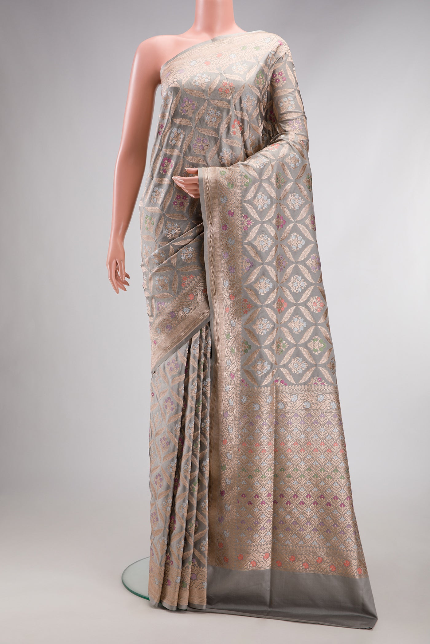 Grey Dual Tone Banarasi Silk Saree with Zari Brocade on the body and Fancy Border.  displayed on a mannequin