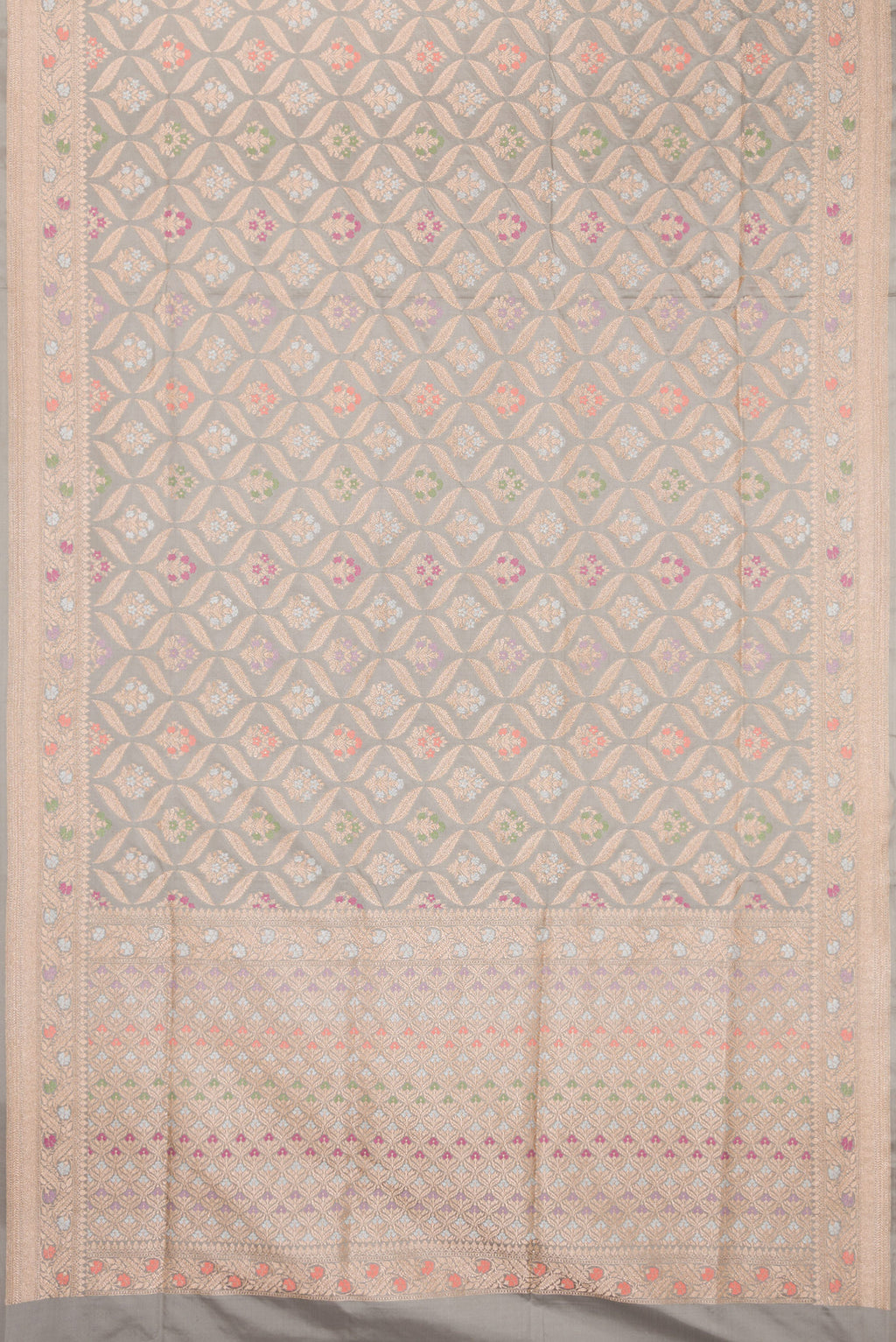 Flat view of Grey Dual Tone Banarasi Silk Saree with Zari Brocade on the body and Fancy Border. 