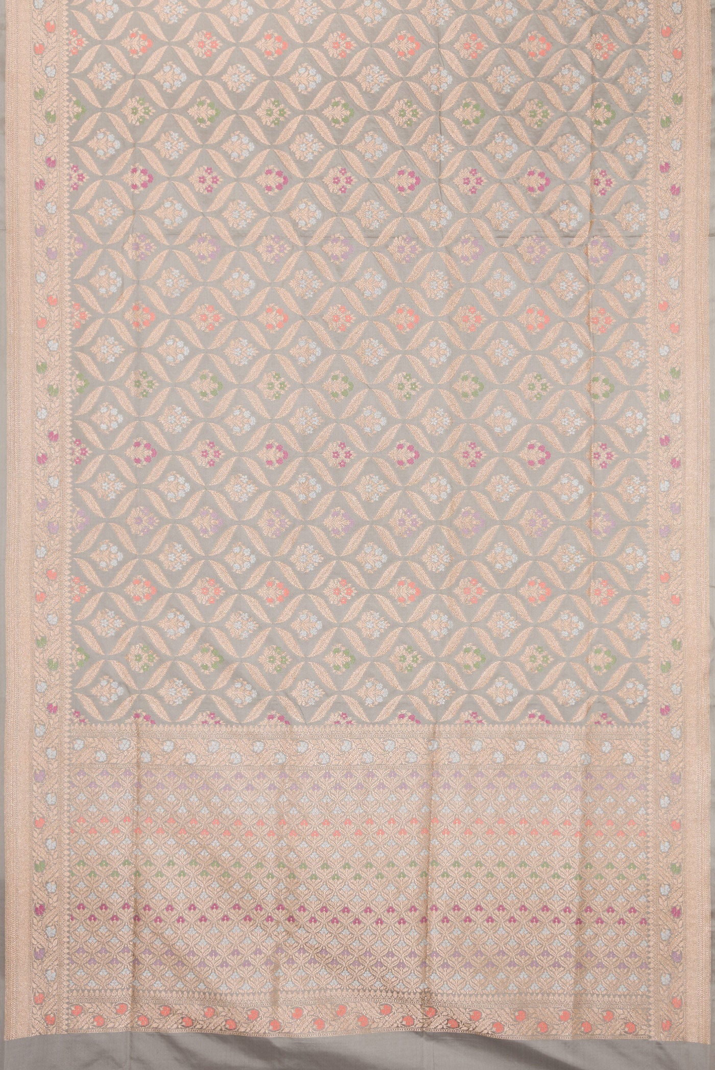Flat view of Grey Dual Tone Banarasi Silk Saree with Zari Brocade on the body and Fancy Border. 