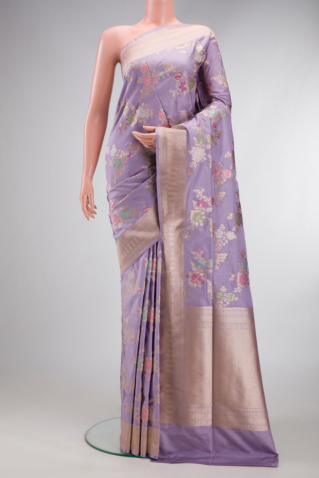 Lavender Dual Tone Banarasi Silk Saree with Zari Brocade on the body and Zari Border.  displayed on a mannequin