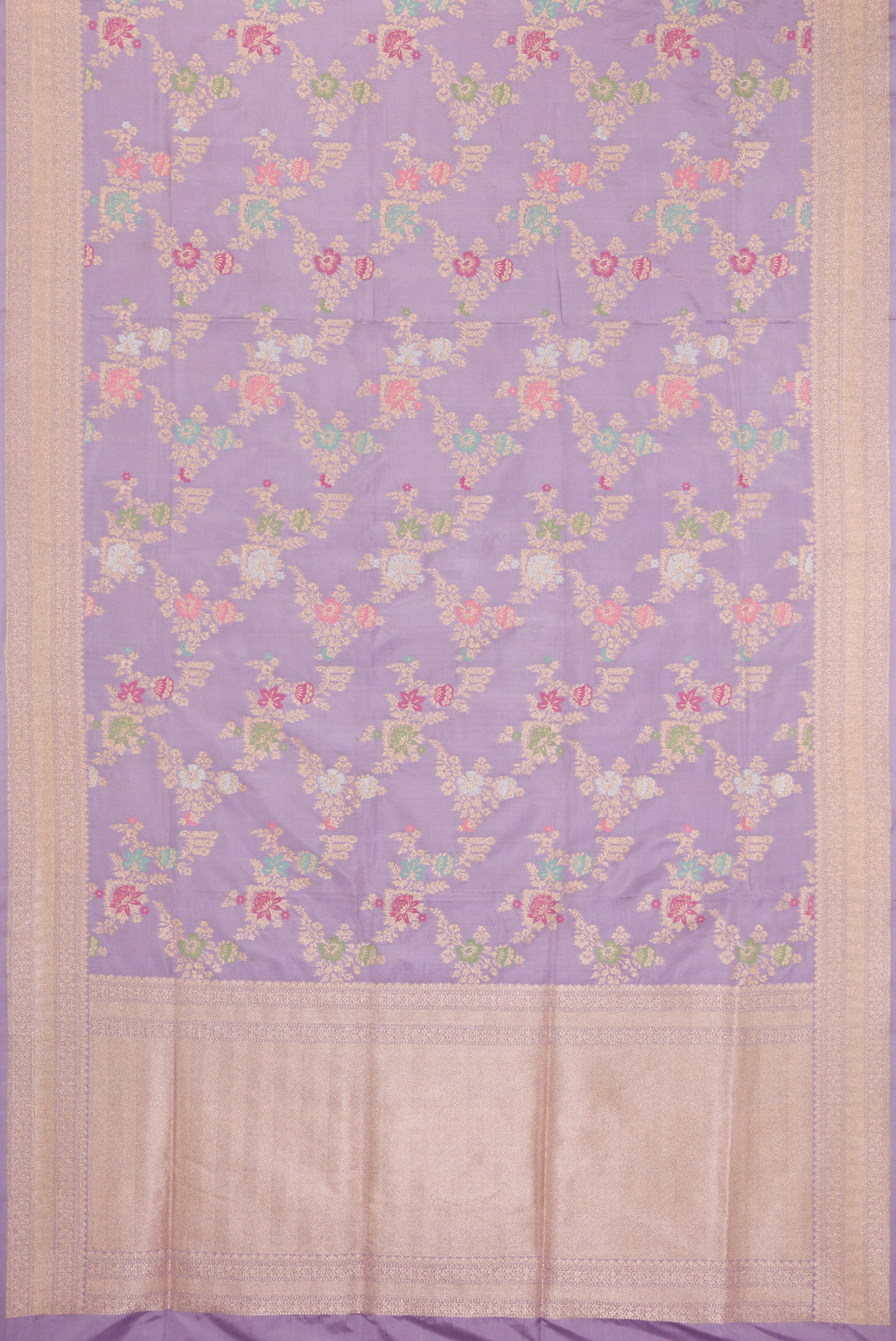 Flat view of Lavender Dual Tone Banarasi Silk Saree with Zari Brocade on the body and Zari Border. 