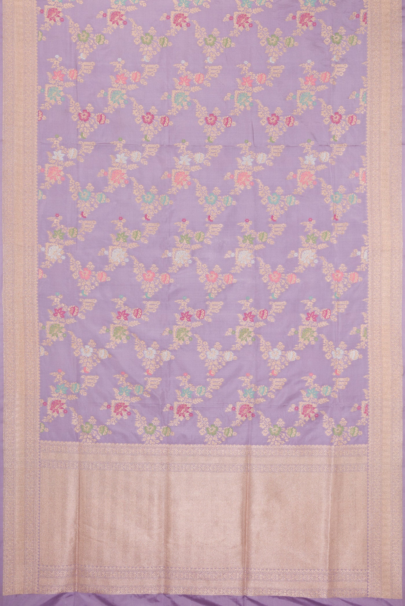 Flat view of Lavender Dual Tone Banarasi Silk Saree with Zari Brocade on the body and Zari Border. 