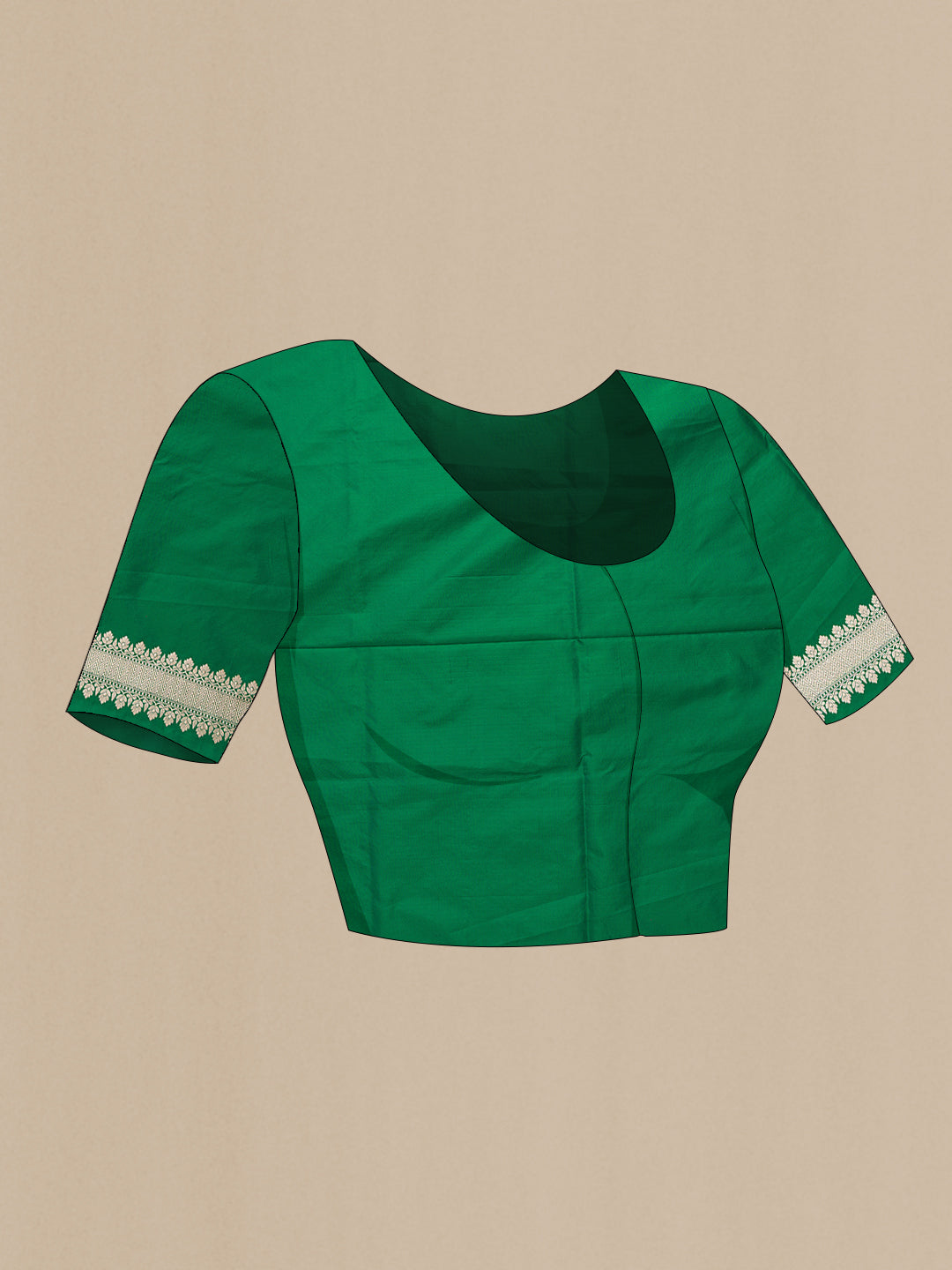 Close up image of the blouse of Green Banarasi Silk Saree with Zari Brocade on the body and Zari Border. 
