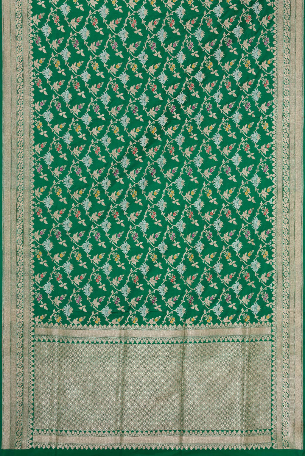 Flat view of Green Banarasi Silk Saree with Zari Brocade on the body and Zari Border. 