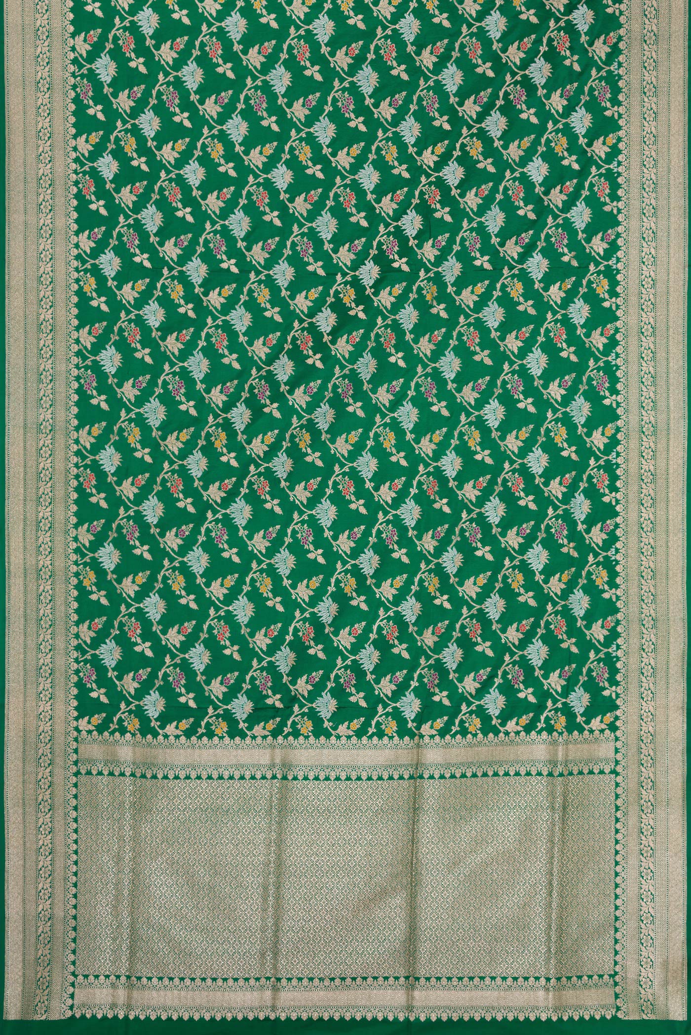 Flat view of Green Banarasi Silk Saree with Zari Brocade on the body and Zari Border. 