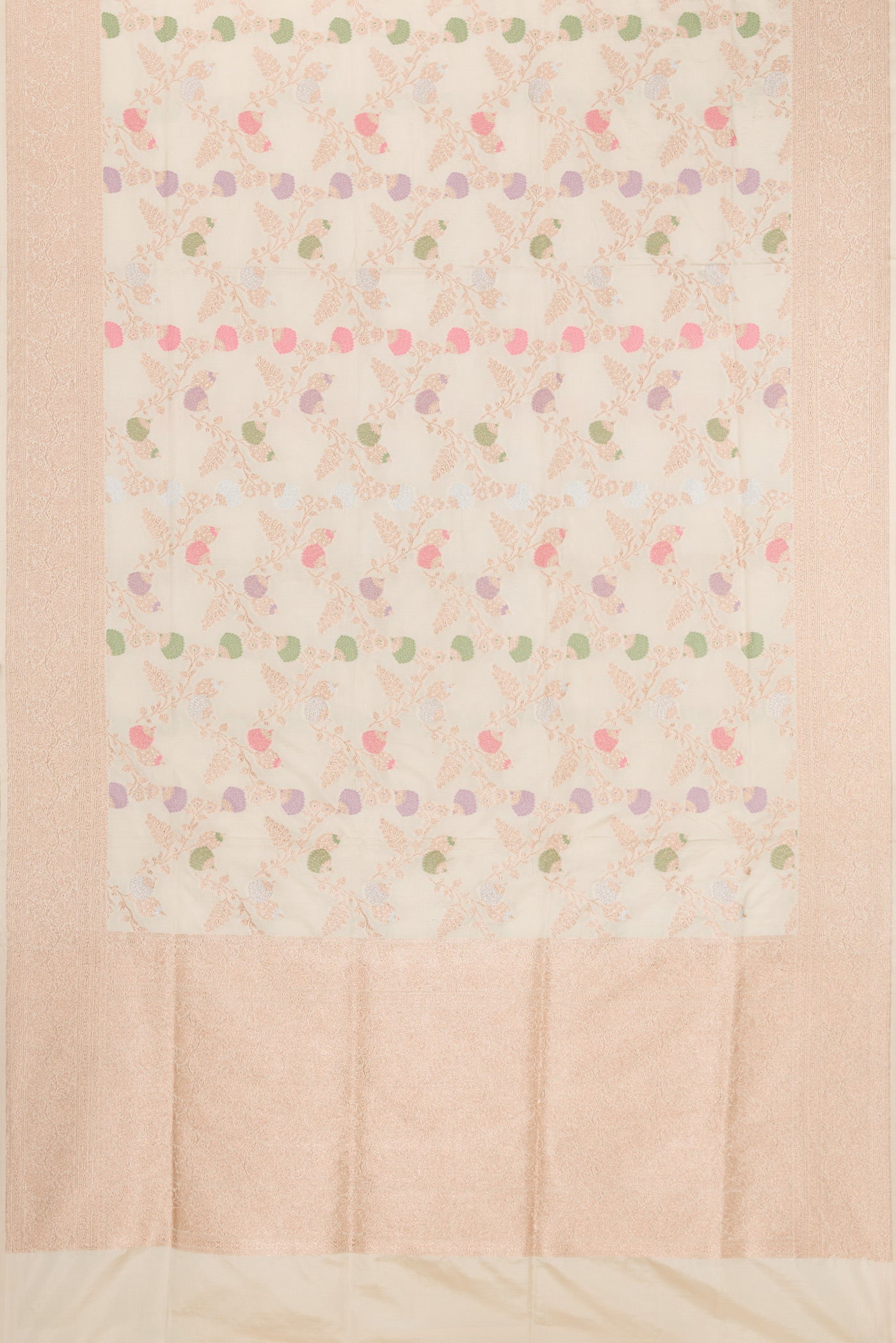 Flat view of Cream Banarasi Silk Saree with Zari Brocade on the body and Zari Border. 