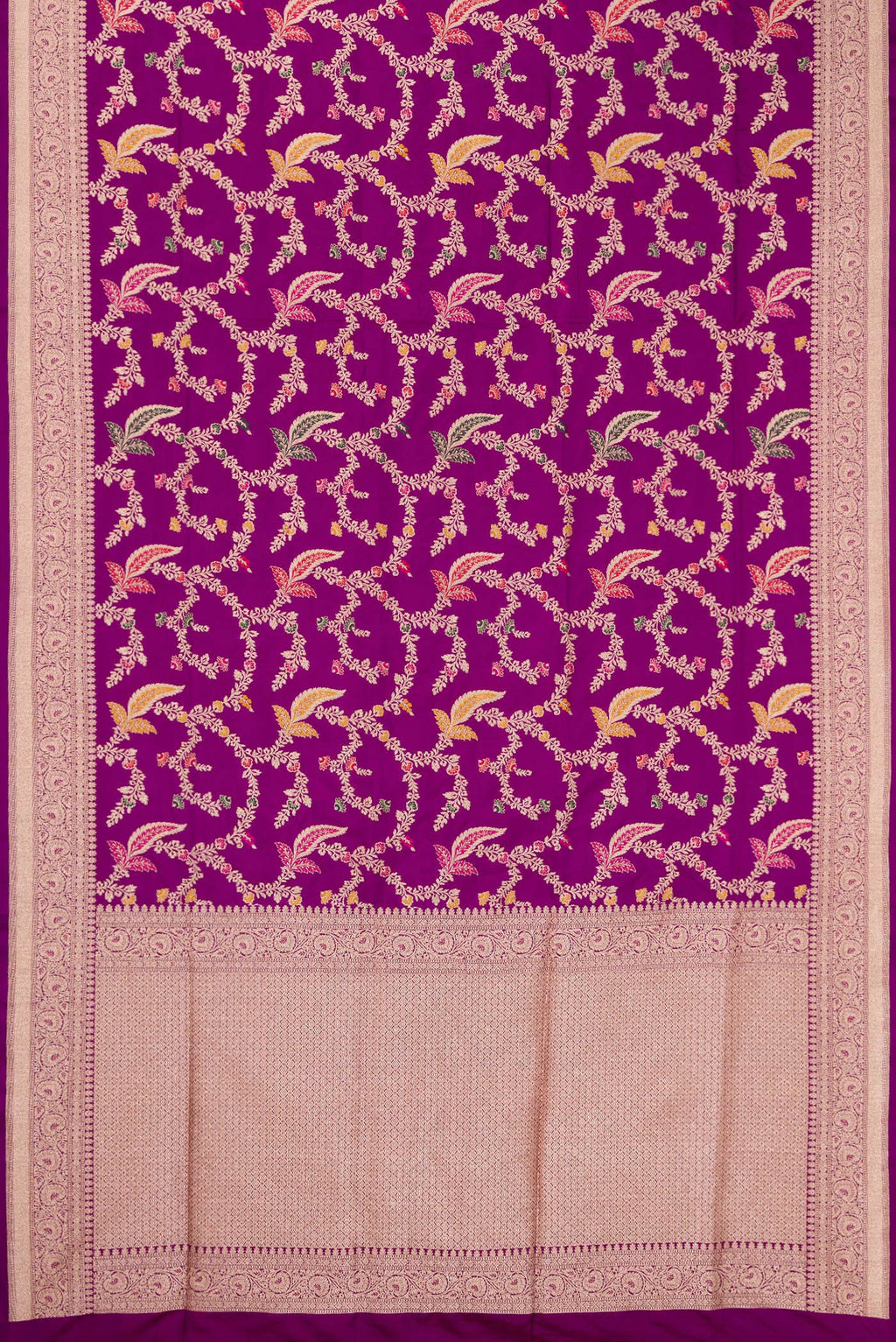 Flat view of Purple Banarasi Silk Saree with Zari Brocade on the body and Fancy Border. 