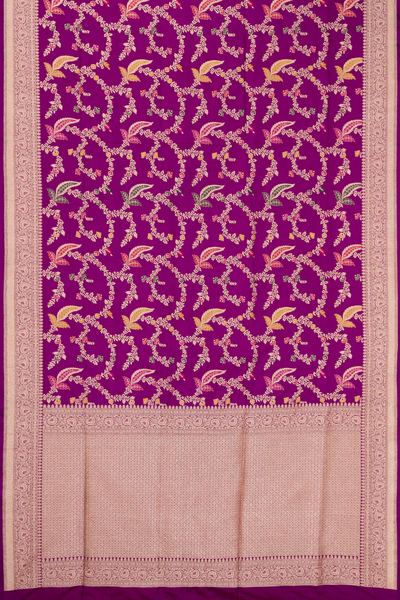 Flat view of Purple Banarasi Silk Saree with Zari Brocade on the body and Fancy Border. 