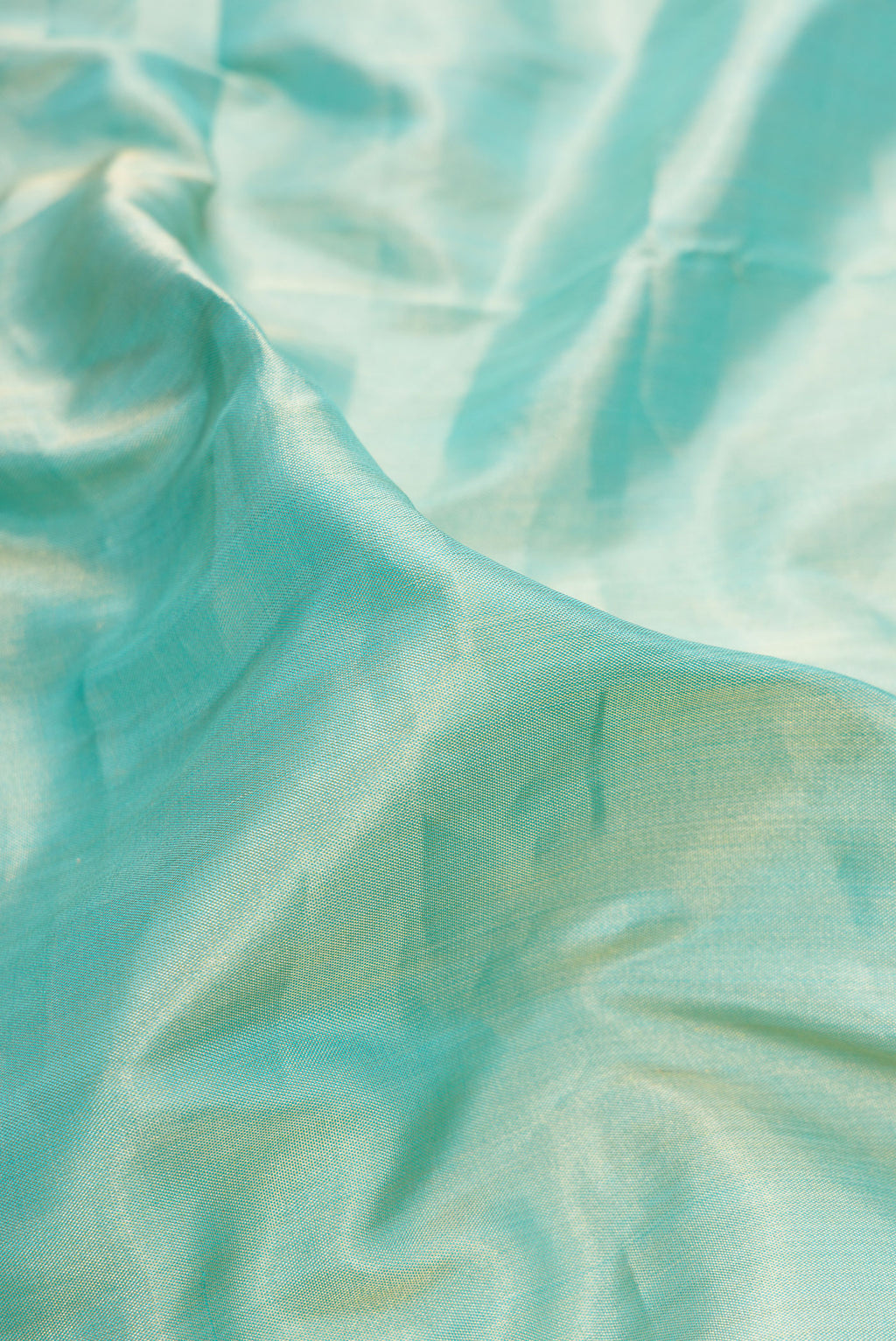 Close up of Sea Green Dual Tone Banarasi Tissue Saree with Plain Body and Fancy Border.  displaying folds