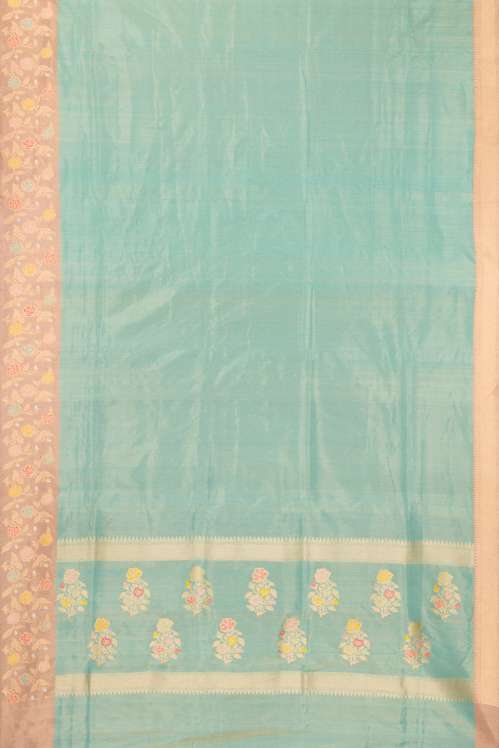 Flat view of Sea Green Dual Tone Banarasi Tissue Saree with Plain Body and Fancy Border. 