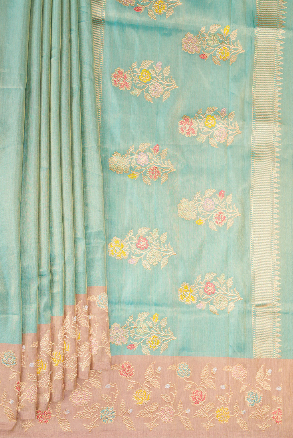 Pleats and pallu of Sea Green Dual Tone Banarasi Tissue Saree with Plain Body and Fancy Border. 