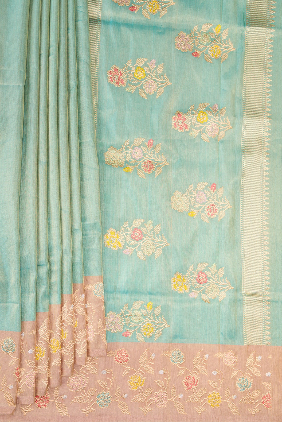 Pleats and pallu of Sea Green Dual Tone Banarasi Tissue Saree with Plain Body and Fancy Border. 