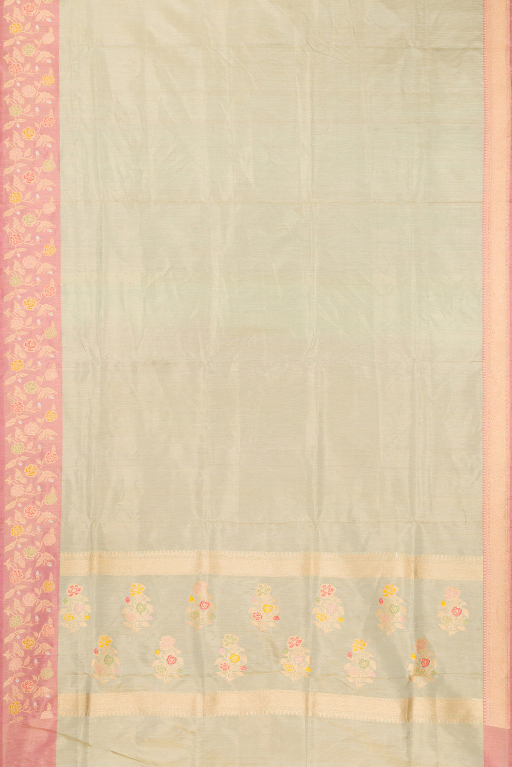 Flat view of Pista Green Dual Tone Banarasi Tissue Saree with Plain Body and Fancy Border. 