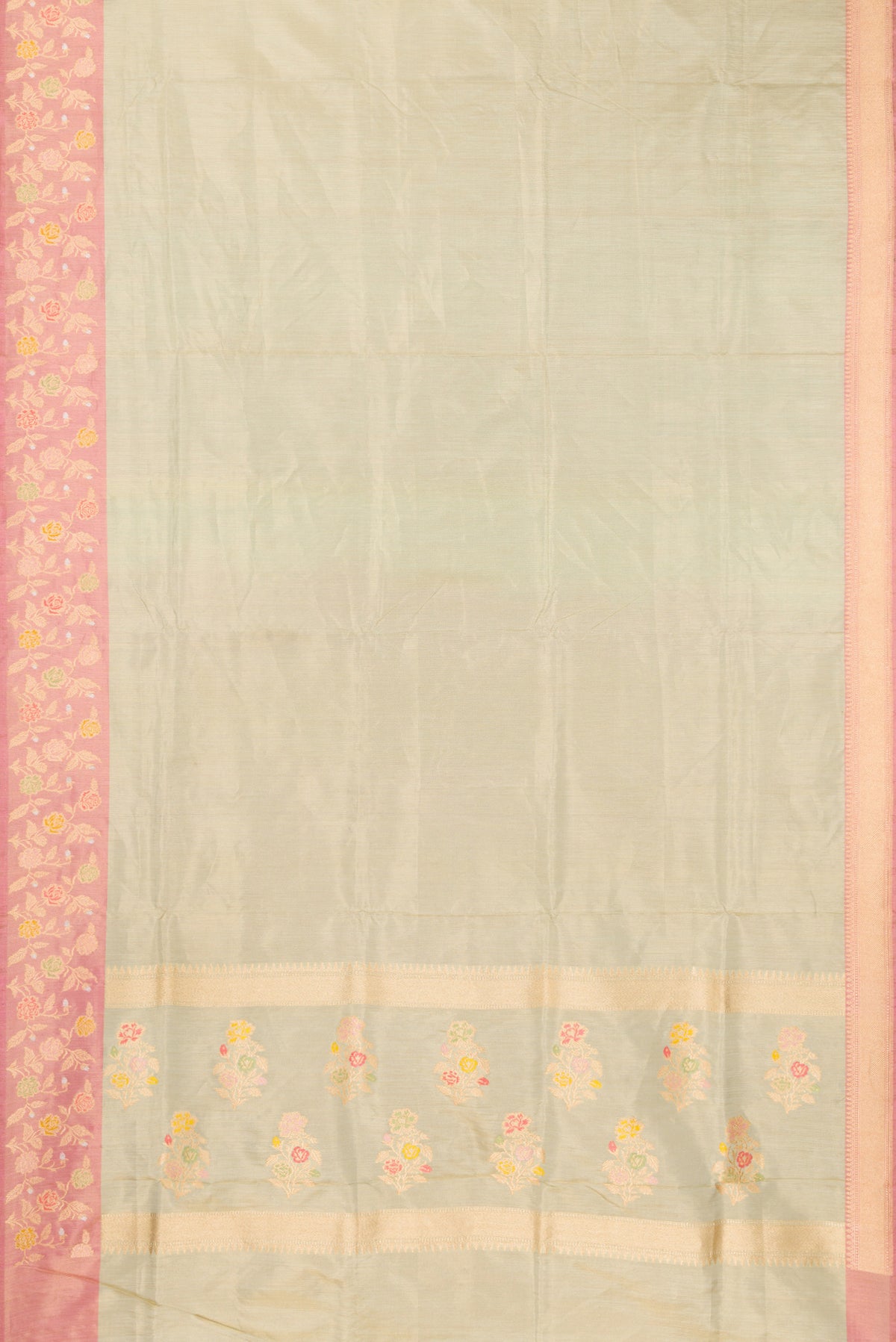 Flat view of Pista Green Dual Tone Banarasi Tissue Saree with Plain Body and Fancy Border. 