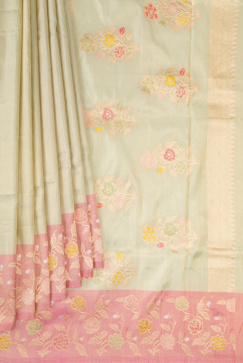 Pleats and pallu of Pista Green Dual Tone Banarasi Tissue Saree with Plain Body and Fancy Border. 