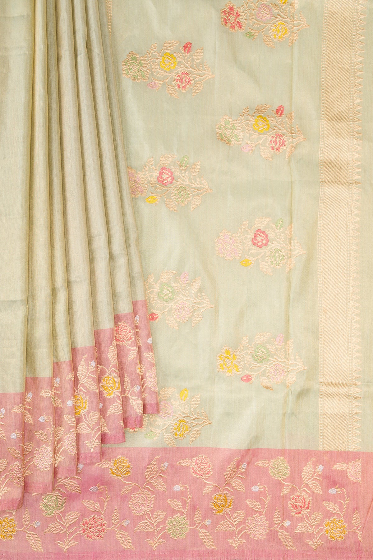 Pleats and pallu of Pista Green Dual Tone Banarasi Tissue Saree with Plain Body and Fancy Border. 