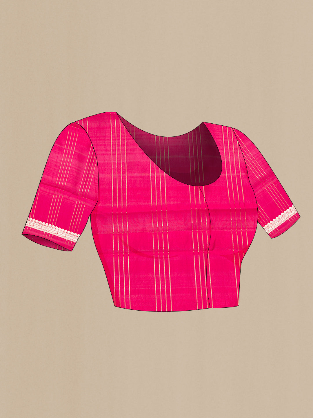 Close up image of the blouse of Pure Silk Dark Pink Dual Tone Tussar Saree with Checked design on the body and Fancy Border. 