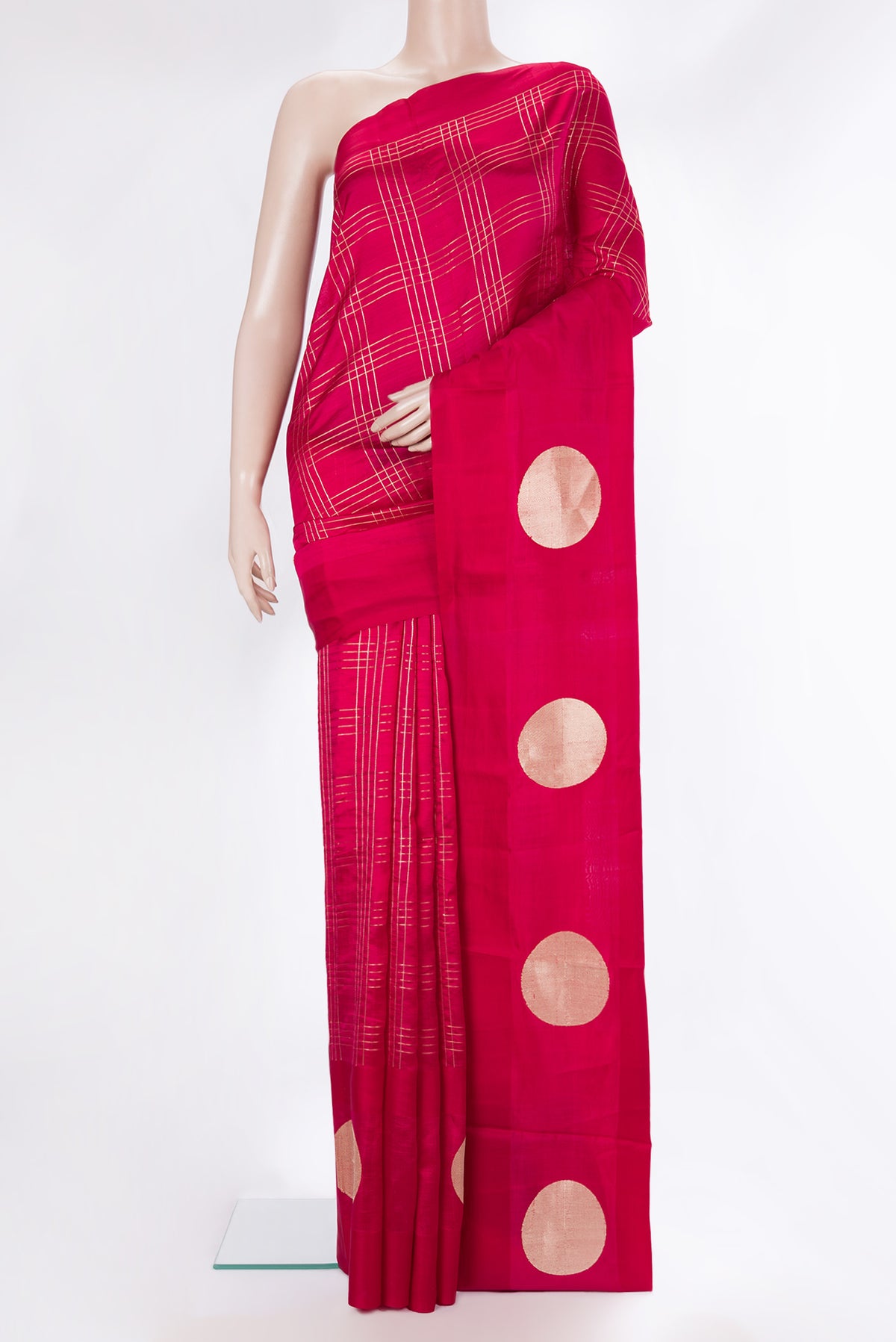 Pure Silk Dark Pink Dual Tone Tussar Saree with Checked design on the body and Fancy Border.  displayed on a mannequin