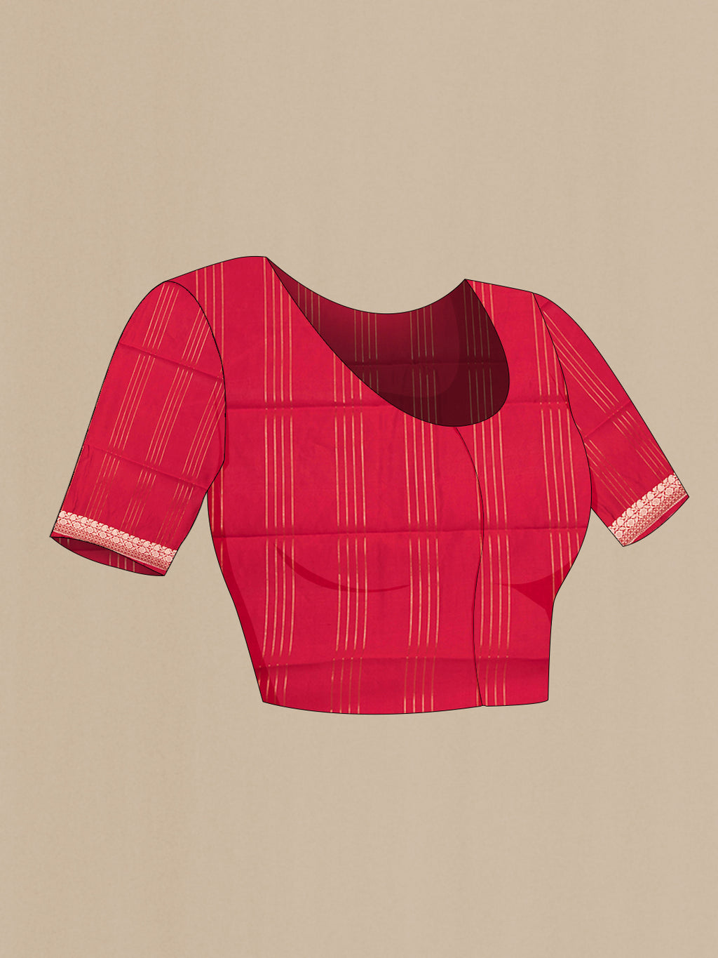 Close up image of the blouse of Red Tussar Silk Saree with Checked design on the body and Fancy Border. 