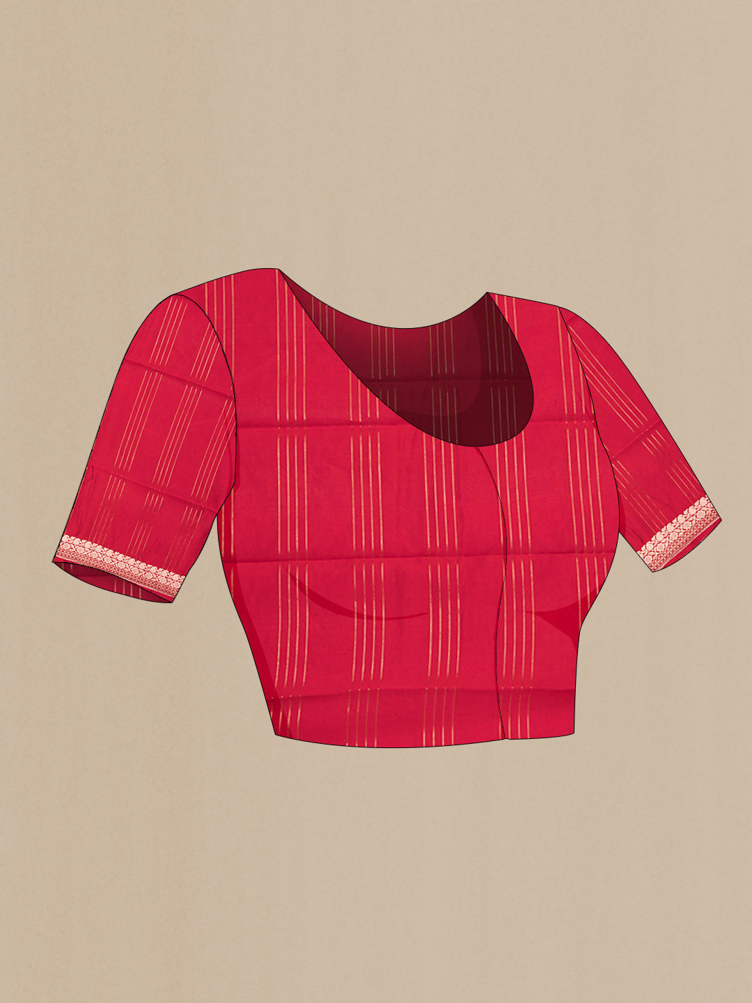 Close up image of the blouse of Red Tussar Silk Saree with Checked design on the body and Fancy Border. 