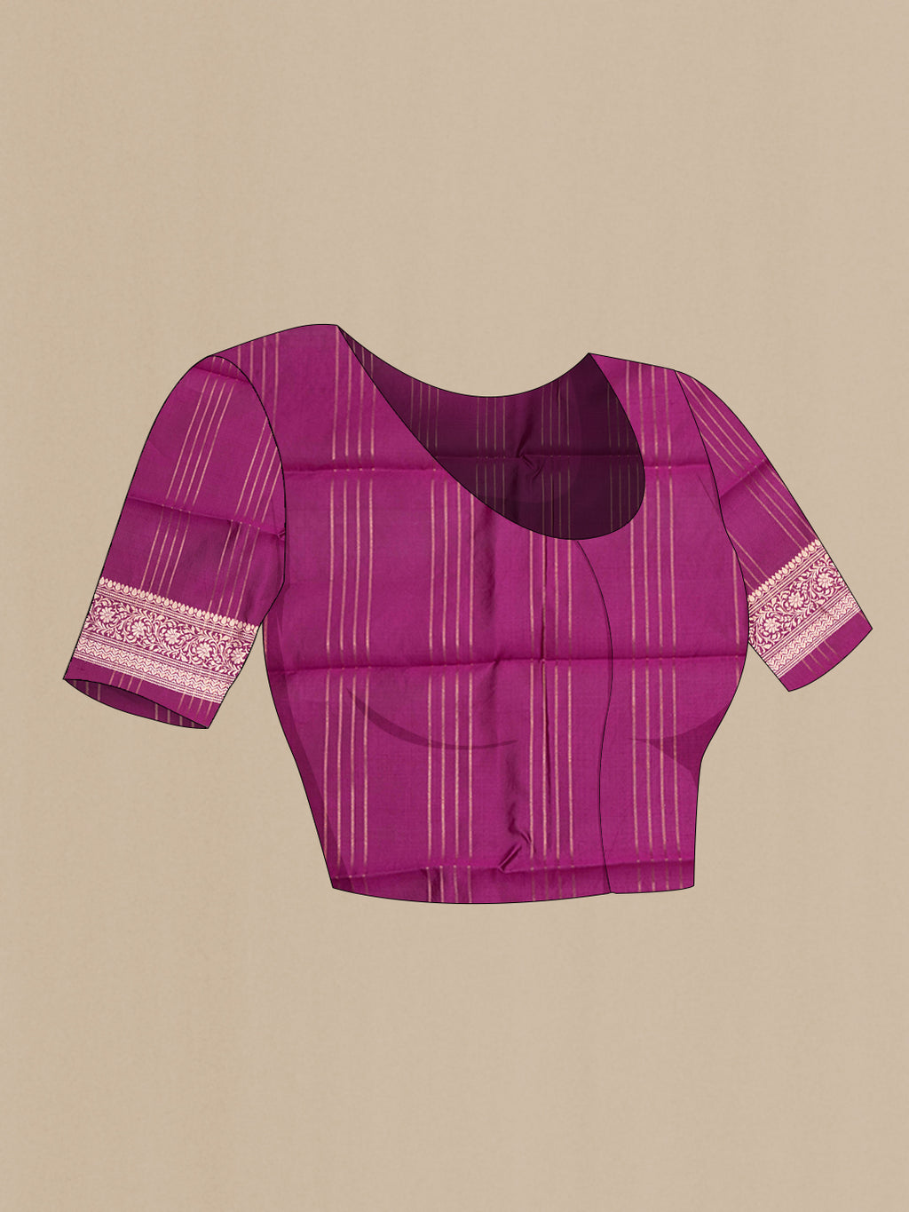 Close up image of the blouse of Purple Tussar Silk Saree with Checked design on the body and Fancy Border. 