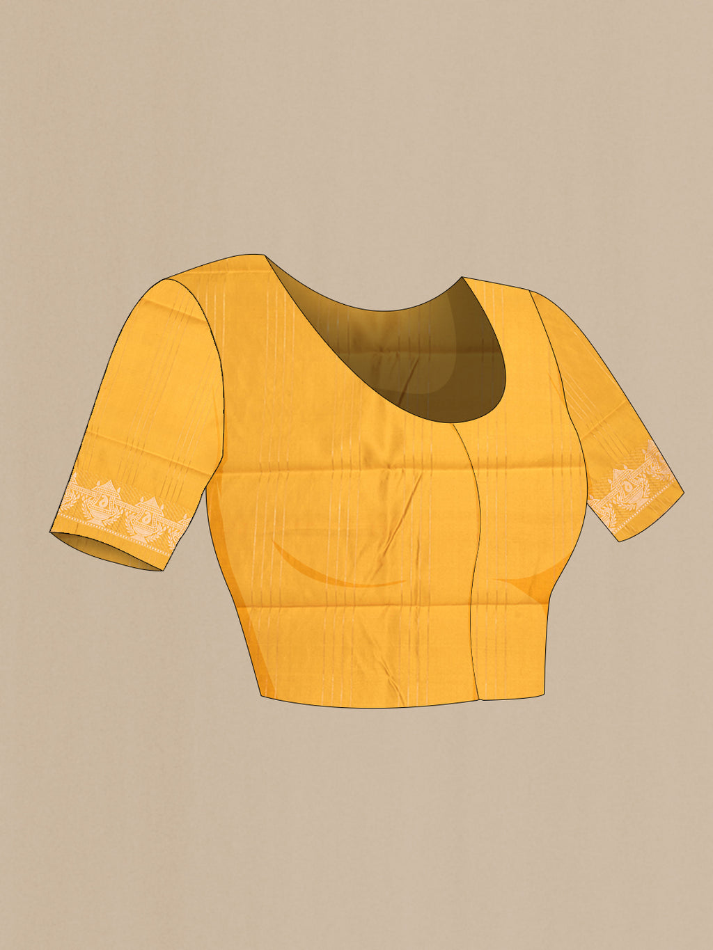 Close up image of the blouse of Yellow Tussar Silk Saree with Checked design on the body and Fancy Border. 