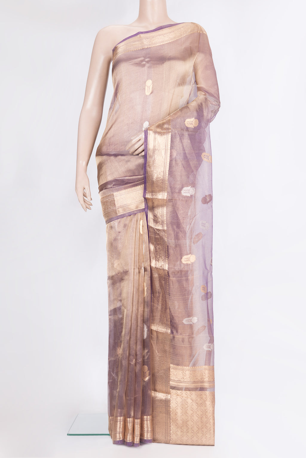 Purple Dual Tone Organza Saree with Zari Butta on the body and Zari Border.  displayed on a mannequin
