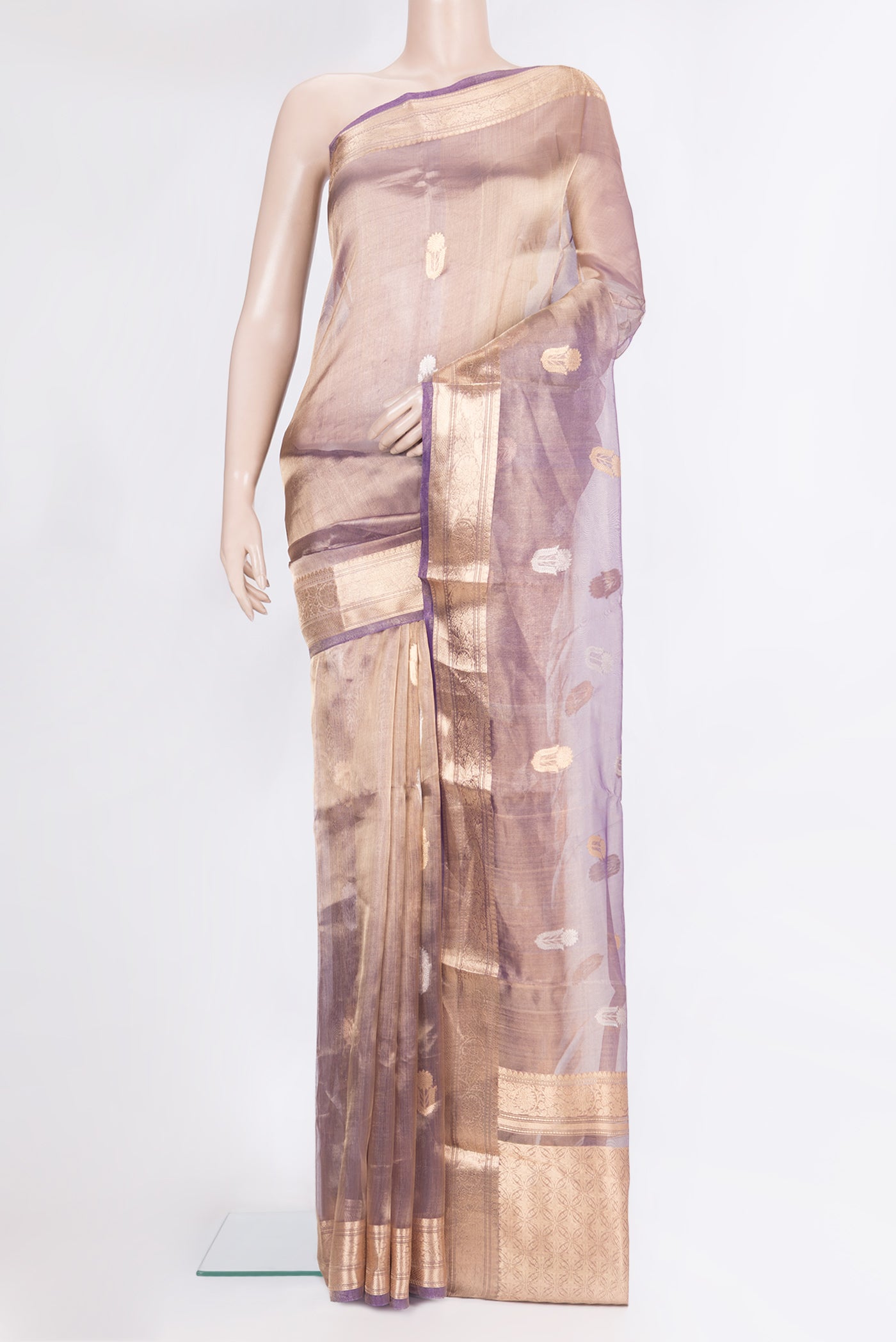 Purple Dual Tone Organza Saree with Zari Butta on the body and Zari Border.  displayed on a mannequin
