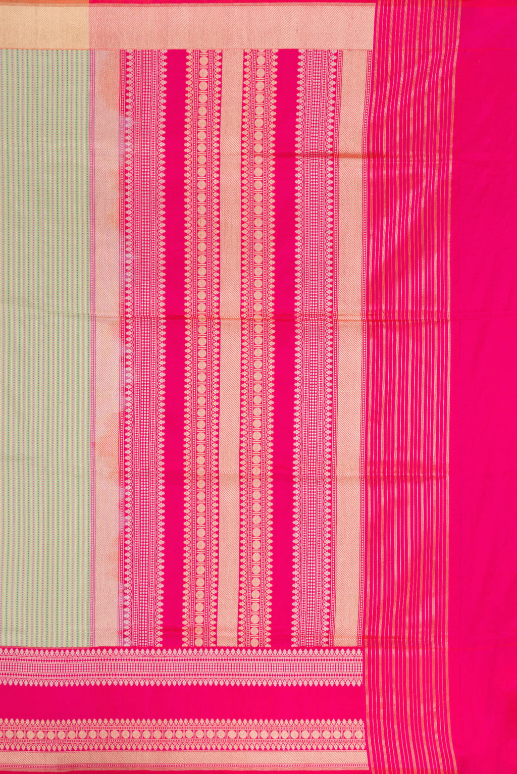 Close up image of the pallu of Pista Green Banarasi Silk Saree with Stripes on the body and Fancy Border. 