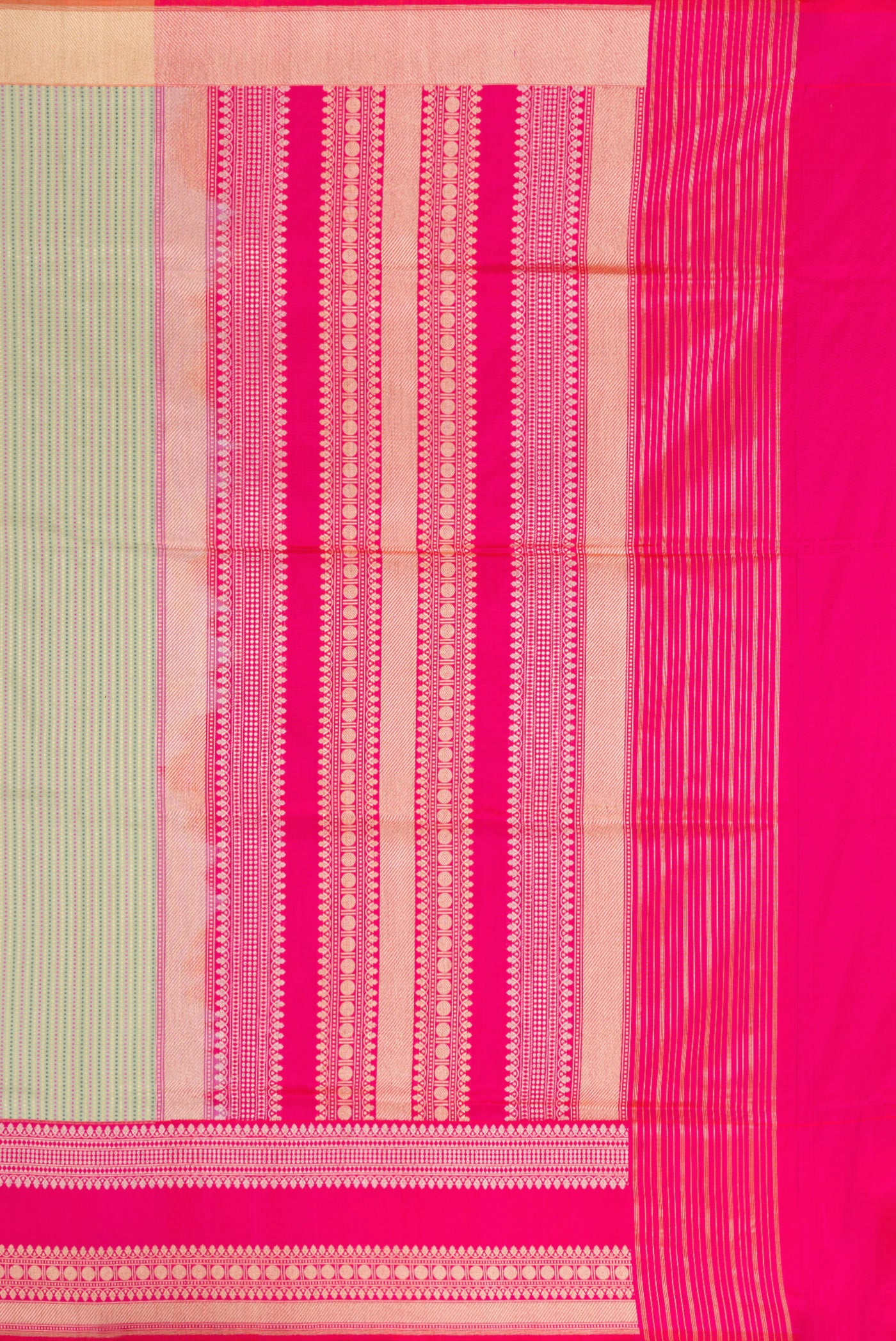 Close up image of the pallu of Pista Green Banarasi Silk Saree with Stripes on the body and Fancy Border. 