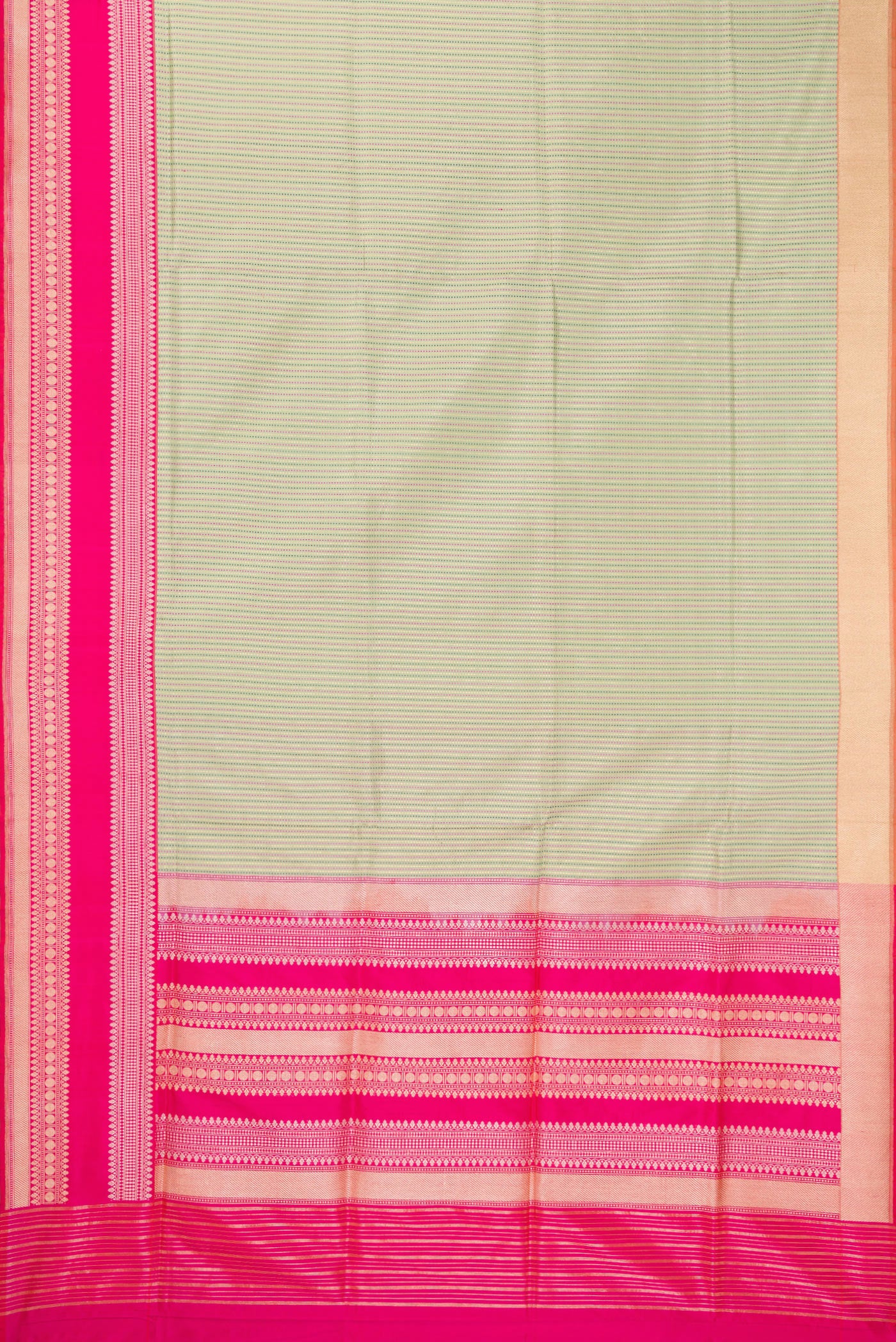 Flat view of Pista Green Banarasi Silk Saree with Stripes on the body and Fancy Border. 