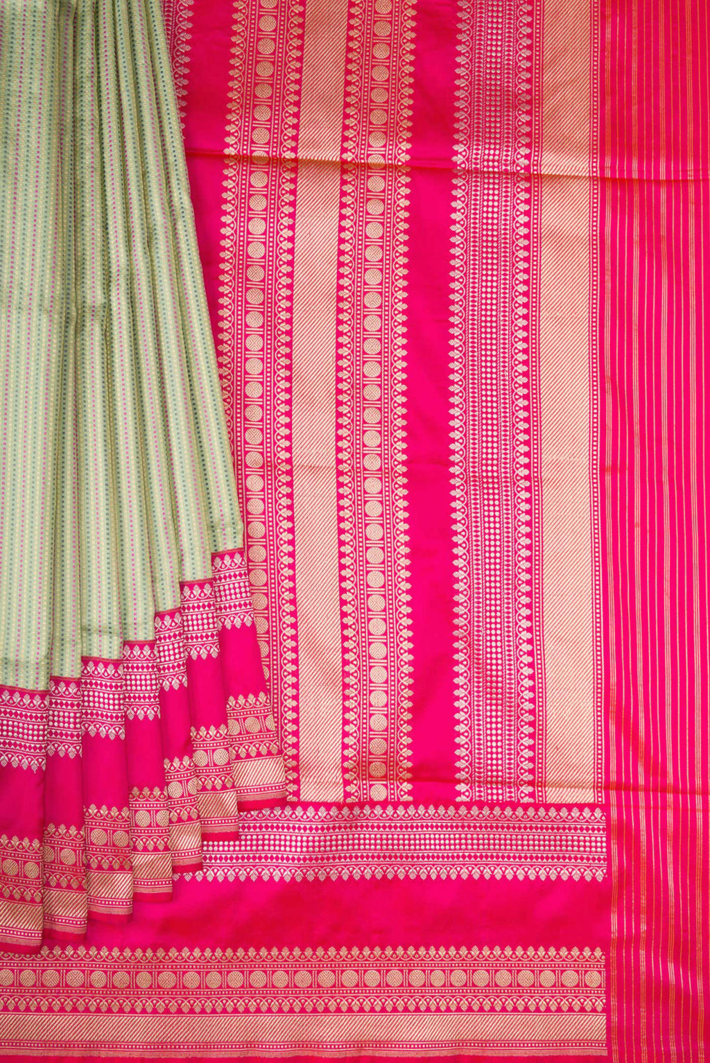 Pleats and pallu of Pista Green Banarasi Silk Saree with Stripes on the body and Fancy Border. 