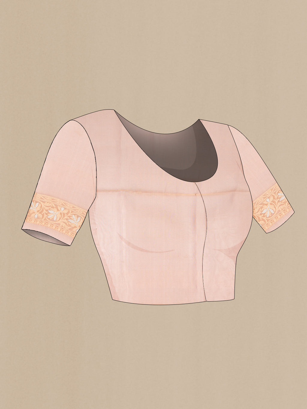 Close up image of the blouse of Rose Gold Dual Tone Banarasi Silk Saree with Zari Brocade on the body and Fancy Border. 