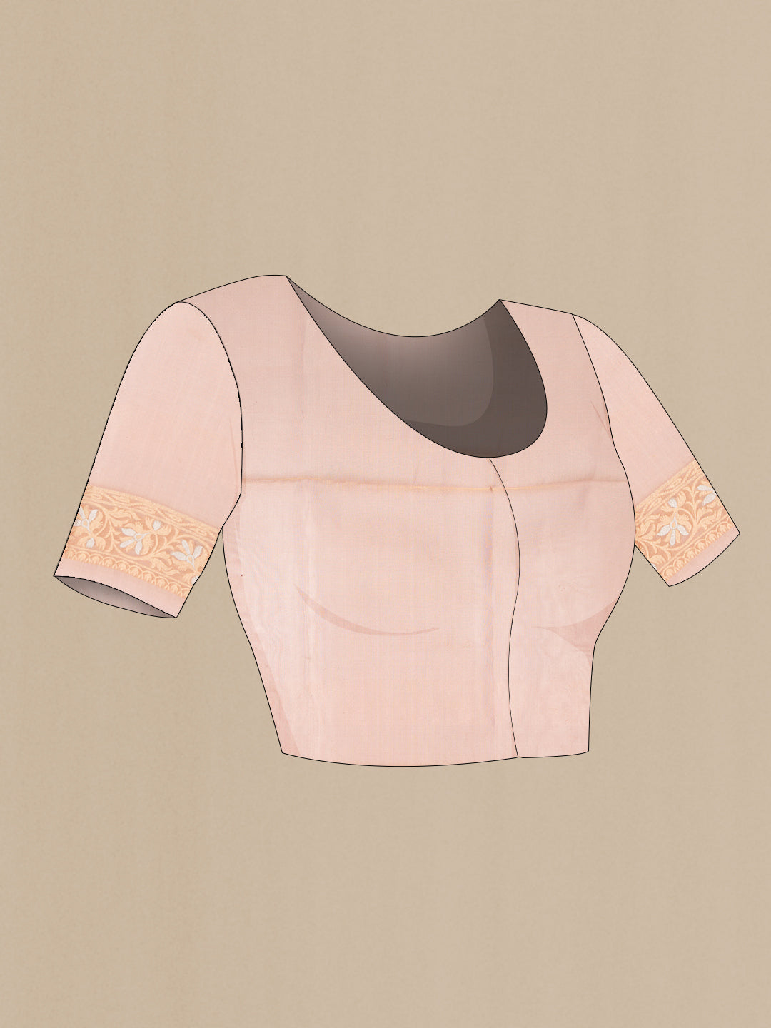 Close up image of the blouse of Rose Gold Dual Tone Banarasi Silk Saree with Zari Brocade on the body and Fancy Border. 