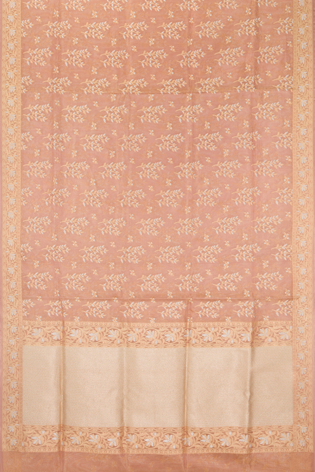 Flat view of Rose Gold Dual Tone Banarasi Silk Saree with Zari Brocade on the body and Fancy Border. 
